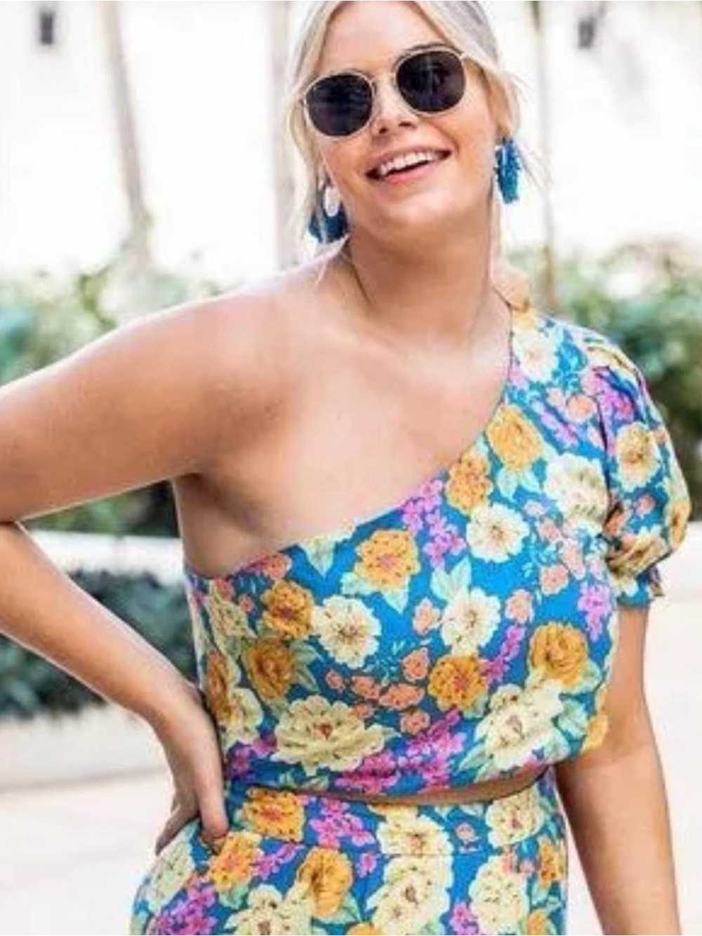 Floral One-Shoulder Blue Summer Dress